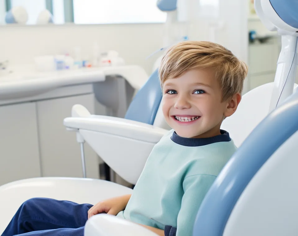 Lächelnder Junge auf einem Zahnarztstuhl in einer Zahnarztpraxis.