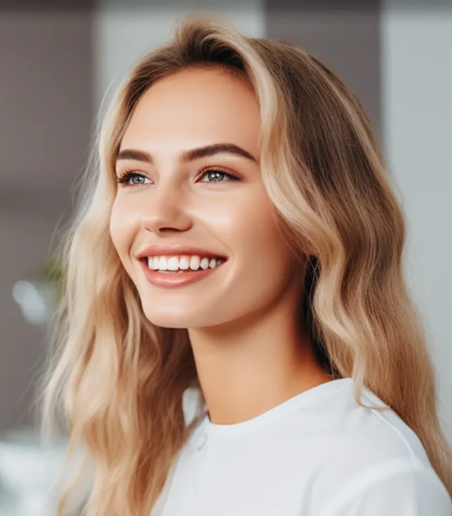 Junge Frau mit blondem Haar und strahlendem Lächeln in einer modernen Praxis.