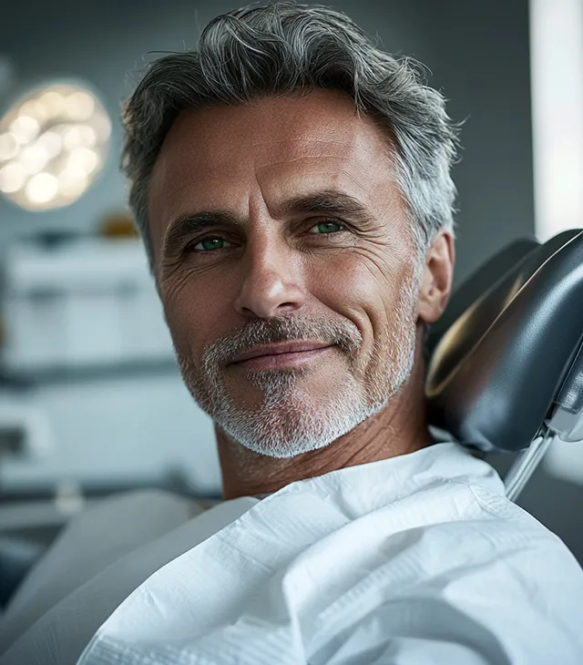 Mann auf einem Zahnarztstuhl lächelt entspannt während der CMD-Behandlung.