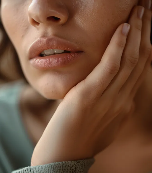 Frau stützt ihren Kiefer mit der Hand, symbolisiert Kieferschmerzen bei CMD.