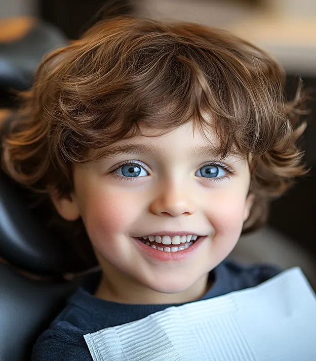 Glückliches Kind auf einem Zahnarztstuhl während einer kieferorthopädischen Behandlung.